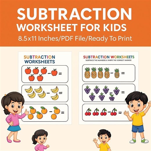About Subtraction Worksheet for Kids Graphic PDF or JPEG - Etsy