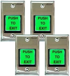 Visionis 4 Pack FPC-7492 VIS-7000 Green Square Push to Exit Button Stainless Steel for Door Access Control with LED Light, NC, COM and NO Outputs