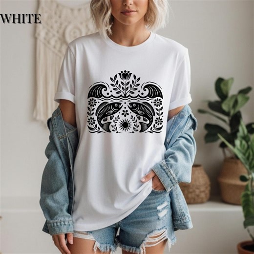 Folk Floral Fish T-shirt, Scandinavian Nature Graphic Tee, Boho Botanical Top - Etsy