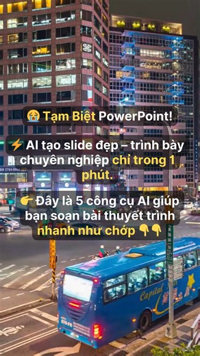 😭 Tạm Biệt PowerPoint! ⚡ AI tạo slide đẹp – trình bày chuyên nghiệp chỉ trong 1 phút. 👉 Đây là 5 công cụ AI giúp bạn soạn bài thuyết trình nhanh như chớp 👇 1. Gamma ↳ Nhập ý tưởng → AI tự biến thành slide đẹp mắt. ↳ Tích hợp hình ảnh, biểu đồ, template sẵn. ↳ Xuất bản trực tuyến, dễ chia sẻ. 2. Tome ↳ Kể chuyện bằng slide hình minh họa AI. ↳ Tự động căn chỉnh, thêm ảnh minh họa bằng prompt. ↳ Hỗ trợ cả tạo video trình bày. 3. Canva Docs to Decks ↳ Viết nội dung ở Docs, AI tự chuyển thành slid