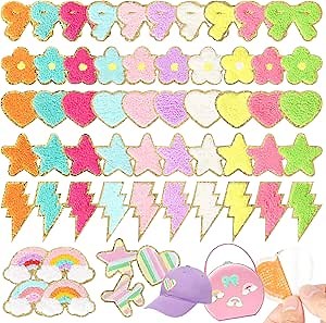 Self-Adhesive Chenille Patches for Girly Bags: NICEVINYL 57PCS Multicolor Flower Star Heart Cute Patch Embroidered Stick on - Lightning Rainbow Sticker Applique for Clothing Fabric Backpack Decor