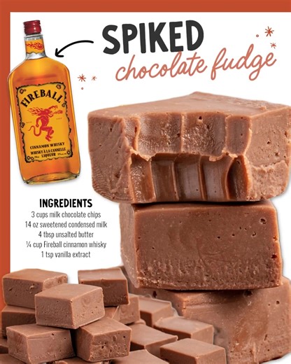 Spiked, chocolatey, and a touch of cinnamon magic! 🍫✨ This Spiked Chocolate Fudge is the perfect treat for gifting, dessert tables, or sneaky bites by the fire. One bite and you’re instantly in holiday bliss! 🎄💖 Ingredients 🔥3 cups milk chocolate chips, 2 (11.5-ounce bags of Ghirardelli brand) 🔥14 ounces sweetened condensed milk 🔥4 tablespoons unsalted butter, cold & cubed 🔥¼ cup Fireball cinnamon whisky 🔥1 teaspoon vanilla extract | Easy Recipes and Crafts