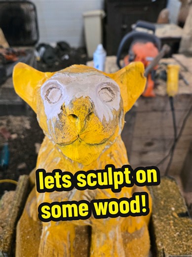 I use Sculptwood on this piece, which is a two part epoxy putty and allows it to hard like wood and be carvable. Do you think it looks good? #sculptwood #chainsawcarving #lion #thechainsawbunny #fyp