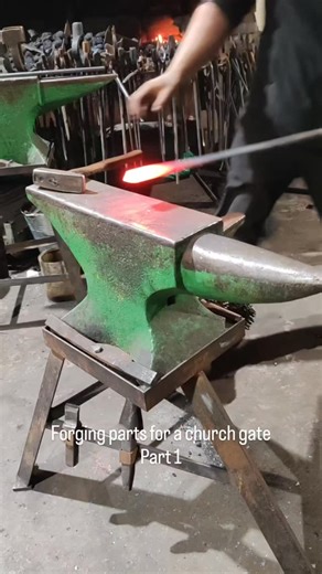 Forging parts for a church gate- part 1 This is an ongoing comission, though im nearly finished with it. A small.pedestrian gate for a local church. They wanted something custom, designed to be in keeping with the historical nature of the building, so everything has to be forged by hand! This big scroll is for the backstyle, the bar that takes the weight of the gate. Its a chunky piece of 40x10, overkill for the size of this gate, but im playing with thick esses of bar to help create shadows. Fi