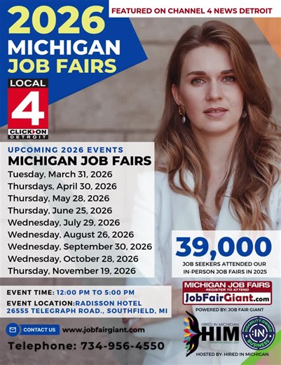 Michigan Job of the Day. Michigan Job Fair Events 2026. Looking for hiring events, job fairs, career opportunities, and employer interviews in Detroit and Michigan? The 2026 Michigan Job Fair events bring employers, recruiters, and job seekers together in Detroit, Grand Rapids, Lansing, Flint, and Southeast Michigan to connect talent with hiring companies across healthcare, skilled trades, manufacturing, finance, retail, auto, cannabis, and more. Attend face-to-face hiring events, meet recruiter