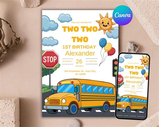 School Bus Birthday Invitation, Kids Bus Party Invite, 3rd Birthday Bus Theme, Yellow Back to School Birthday Invite, Editable Canva - Etsy