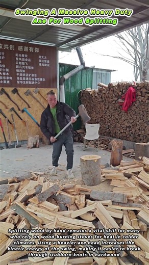 Swinging A Massive Heavy Duty Axe For Wood Splitting