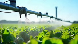 Overhead view of a vegetable garden being watered by a sprinkler or drip irrigation system, capturing the even distribution of water on lush green plants.
