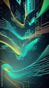 a digital abstract animation of green and blue lines slowly transforming into an abstract 3D cityscape, which can be used as a background for a website or as a screensaver.