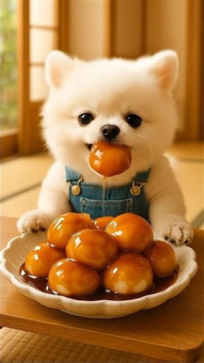 Pome-chan Eats Giant Mitarashi Dango🍡｜Cute Puppy ASMR｜巨大みたらし団子を食べるポメちゃん🍡포메짱 미타라시당고 먹방