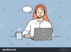 Smiling Woman Headset Sit Ta Desk Stock Vector (Royalty Free) 2190123467 | Shutterstock