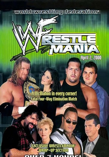 WWE Wrestlemania 16 Card! The first WrestleMania main event with four competitors, with Triple H defending the WWF Championship against The Rock, Big Show, and Mick Foley. #WWE #WrestleMania #wwechampion #rock