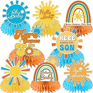 Here Comes The Son Baby Shower Decorations, 8 Pcs Here Comes The Son Baby Shower Honeycomb Centerpieces, Boho Retro Sunshine Baby Shower Decorations 3d Double Side Honeycomb Decorations