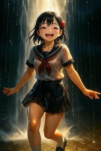 A cute girl with a seifuku (制服) gets completely soaked in a water fountain fully clothed