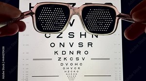 Punched eyeglasses for vision training. Eye therapy. Glasses for vision correction. Medical corrective pinhole glasses. Perforated training glasses, LogMAR eye exam chart on the background, bad eyes