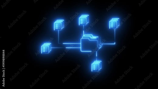 neon document management system icon connecting multiple files and folders. folder and document icons connected. diagram illustrating a central folder connected icon to multiple stacks of documents.