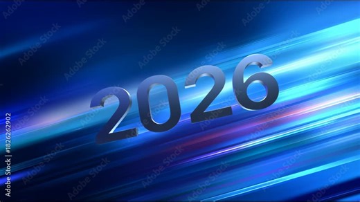 Futuristic 3D rendering of the year 2026 on a vibrant blue background