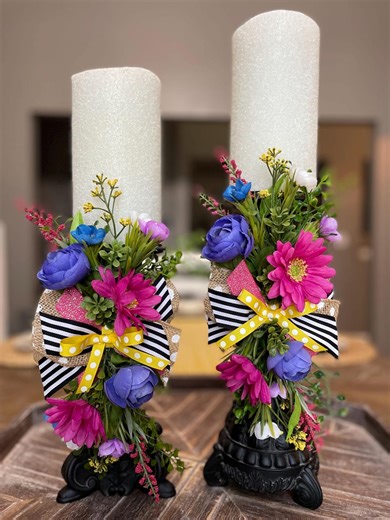 Candle Holder Floral Swags: Spring Summer Pink and Purple Polka Dot Stripe Wreath - Etsy