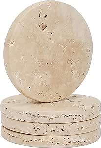 WORHE Natural Travertine Marble Coasters Set of 4-4" Round Stone Drink Coasters, Non-Slip Cork Backing, Housewarming Gift, Wedding, Protect Tables from Stains & Scratches (BD140)