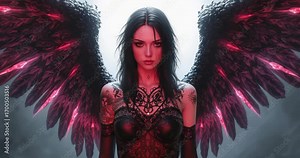 Gothic woman initiating crimson wing glow, bathing corset and tattoos in red light in backlight