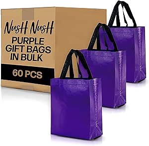 Nush Nush Set of 60 Shiny Purple Gift Bags Bulk Medium Size - Reusable Bulk Gift Bags with Handles - Ideal Goodie Bag For Halloween, Holiday, Small Business, Gifting Events, Birthday - 8Wx4Dx10H