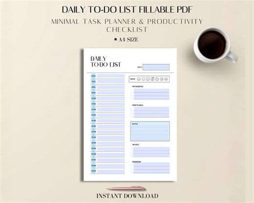 Daily to Do List Fillable PDF | Minimal Task Planner | Productivity Checklist | A4 - Etsy