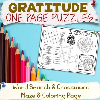 Thanksgiving Placemat Gratitude SEL Activities - Word Search Crossword Maze