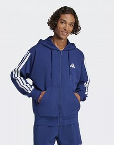 adidas performance Essentials 3-stripes french terry full-zip hoodie in dark blue / white | ASOS