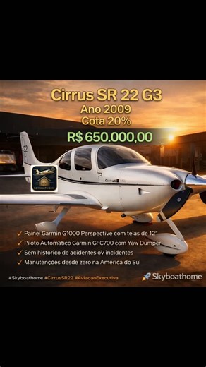 Skyboathome | Venda de Aeronaves on Instagram: "Cirrus SR22 G3 2009, uma das plataformas mais equilibradas da aviação executiva leve, pensada para quem busca segurança, eficiência operacional e liberdade real de agenda com investimento inteligente. ✈️ Aviônicos e tecnologia embarcada 🛩️ Painel Garmin G1000 Perspective com telas de 12 🛩️ Piloto automático Garmin GFC700 com yaw dumper 🛩️ Weather Datalink com dados meteorológicos e comunicação via satélite 🛩️ Hélice de material composto 🔒 Segu