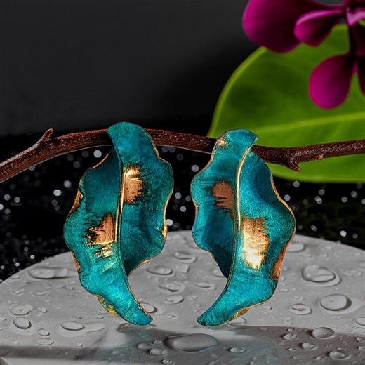 Mini Verdigris Patina Copper Leaf Post & Dangle Earrings: Asymmetrical Rustic Jewelry - Etsy