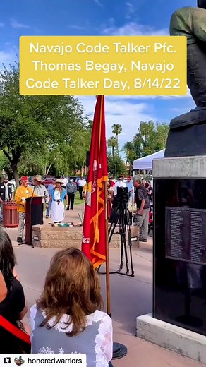 Navajo Code Talker Pfc. Thomas H. Begay sings the Marine Hymn in the Navajo Dine language at the annual ceremony in Phoenix for the Navajo Code Talker Day, August 14, 2022 with thanks to Jovanni Allan @honoredwarriors IG. #heroes #navajo #usmc #semperfi #az #usa 🇺🇸