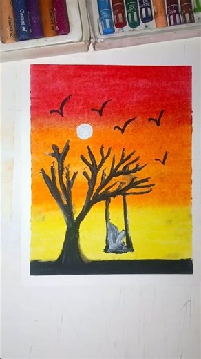 🌅 Easy Sunset Scenery Drawing | Oil Pastel Art #shorts