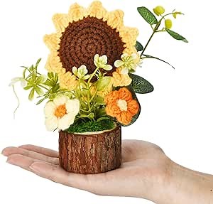 Cute Crochet Flowers Bouquet, Handmade Knitted Sunflowers with Wooden Pot, Crocheted Flower Plants Gifts for Women Office Desk Decor, Valentine's Day Christmas Birthday Mother’s Day