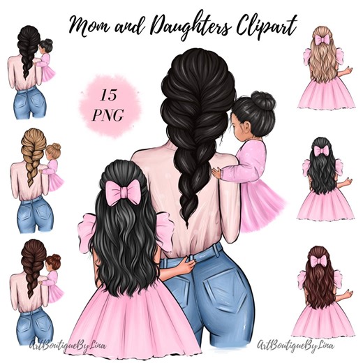 Mom and Daughters Clipart PNG | Mother Kids Family | Hand Drawn Commercial Use - Etsy