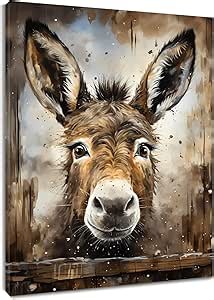 HVEST Western Donkey Canvas Wall Art Funny Farmhouse Animal Donkey Wall Art for Living Room Rustic Wood Boards Framed Wall Art Ready to Hang for Bathroom Bedroom Wall Decor Painting, 16L X 12W inches