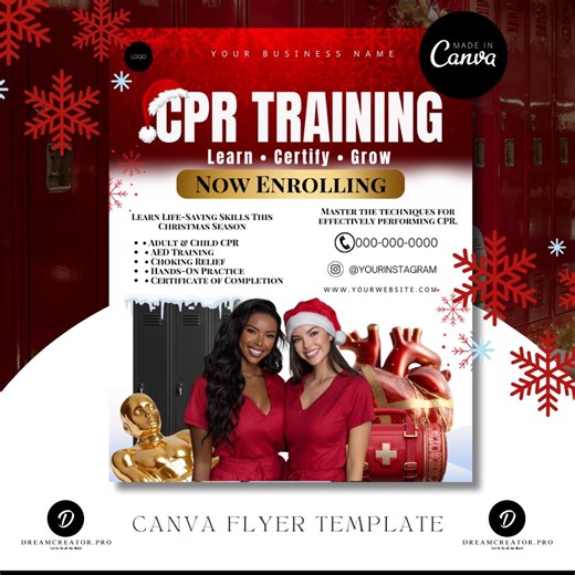 Christmas CPR Flyer | Holiday CPR Training Canva Templates | Red & Gold Medical Christmas Class Flyer Pack - Etsy