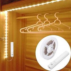 Motion Sensor Wardrobe Light, 2M LED Strip Closet Lights, PIR Auto on/Off, Battery Powered Warm White for Bedside, Bathroom, Closet, Cabinet, Kitchen, Stairway
