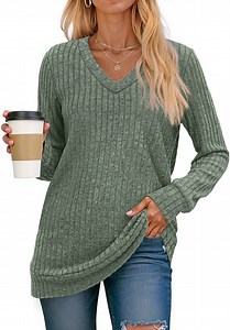 Fantaslook V Neck Long Sleeve Shirts for Women Dressy Casual Fall Tops Lightweight Tunic Pullover Fashion Clothes