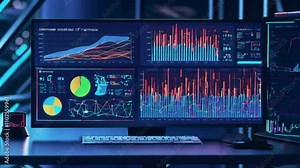 A computer screen displaying various data visualizations and analytics graphs.