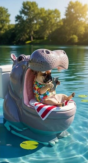 Hippo Float Loo! Frenchie Chills in the Pool on a Hippo Toilet! 🚽🦛 #viral #Shorts #Funny #cute