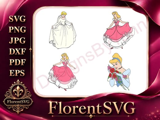 Disney Cinderella Wedding Gown Pink Dress With Flowers Elegant Princess SVG Graphics - Instant Download - Etsy