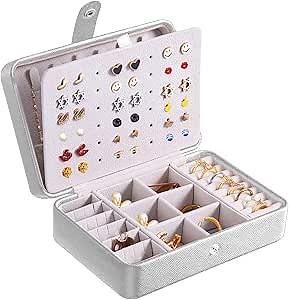 QBestry All-in-One Travel Jewelry Organizer for Women Silver | Small Jewelry Box with 68 Earring Holes | Compact Portable Jewelry Case for Earrings, Rings, Necklaces | Perfect Gifts for Mom Wife Girls