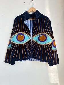 Blue Velvet Eye Embroidery Jacket, Handmade Boho Kimono Coat, Artistic Evil Eye Outerwear, Festival - Etsy