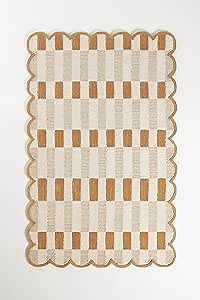 Hand-Tufted Wool Area Rug with Scalloped Edges, Neutral Beige Plaid Pattern, Cozy Soft Accent Rug for Living Room, Bedroom, and Nursery, Handmade Decorative Carpet, 8x10 Ft