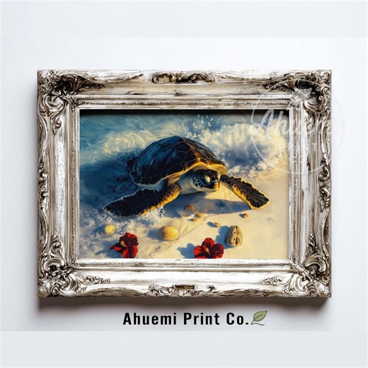 Tropical Baby Sea Turtle Art, Printable Coastal Wall Decor, Realistic Beach Scene With Seashells, Ocean Painting, Digital Download 546 - Etsy