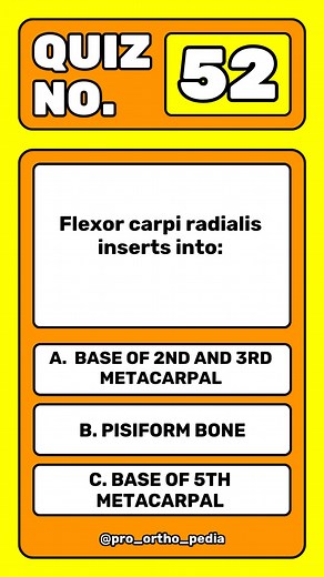 💪 Anatomy Quiz: Insertion of Flexor Carpi Radialis! ✋ Question: The Flexor carpi radialis muscle inserts into: A) Base of 2nd and 3rd metacarpal B) Pisiform bone C) Base of 5th metacarpal ✅ Answer: A) Base of 2nd and 3rd metacarpal 🔍 Detailed Explanation: The Flexor carpi radialis (FCR) is one of the superficial flexor muscles of the forearm. It acts primarily to flex and abduct the wrist joint (radial deviation). 📍 Anatomical Details: Origin: 👉 Medial epicondyle of humerus (via common flexo