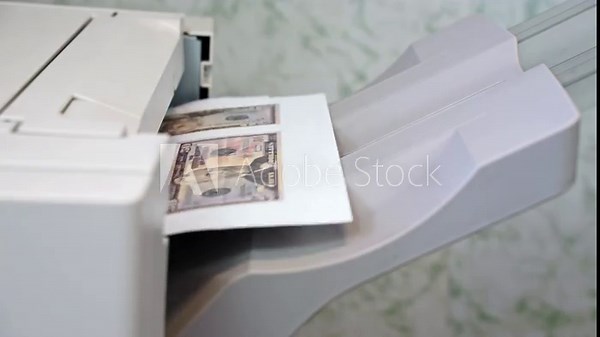 Printer breakdown, a sheet of paper does not come out of the tray, stuck Printing error, office equipment repair Close-up Breakdown of home copying equipment, printing of counterfeit money, banknotes