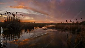 Serene Sunset Over a Marsh Creek in the Midwest