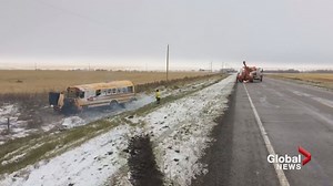 7 students taken to hospital after school bus rolled on Alberta highway