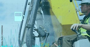 Health and safety data animation over construction worker operating heavy machinery